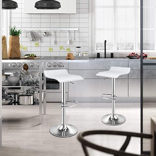 Miniatura 4 de WATERJOY Juego de 2 taburetes de bar de piel sintética sin espalda, giratorios, ajustables, diseño moderno, cromado, hidráulico de piel sintética