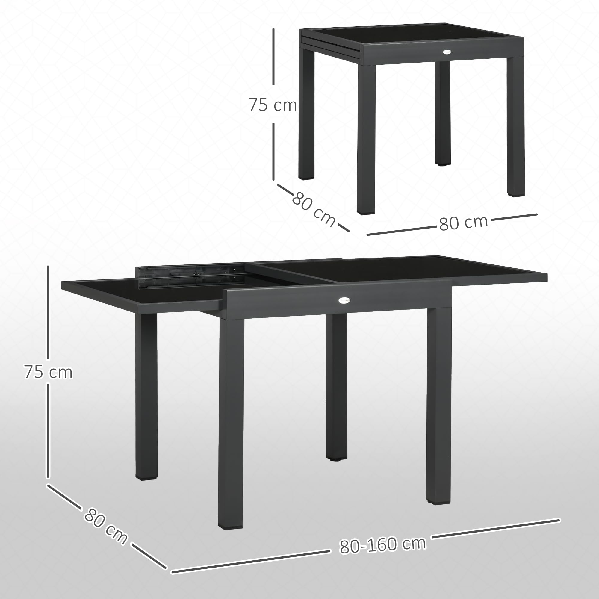 Outsunny Mesa de Jardín Extensible de Aluminio Mesa de Comedor Rectangular con Encimera de Vidrio Templado para 4-6 Personas Carga 50 kg para Terraza 80-160x80x75 cm Negro