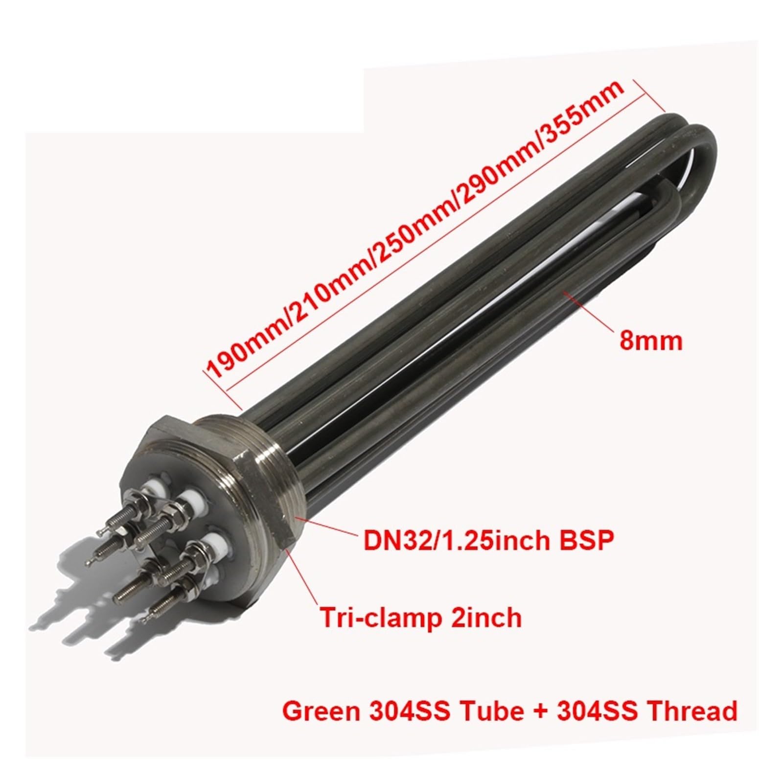 Resistenza per scaldabagno Elemento riscaldante a filo BSP da 1,25 pollici for verde olio acqua 304SS DN32 190-355mm 3-12KW(380V,6KW 250mm DN32)