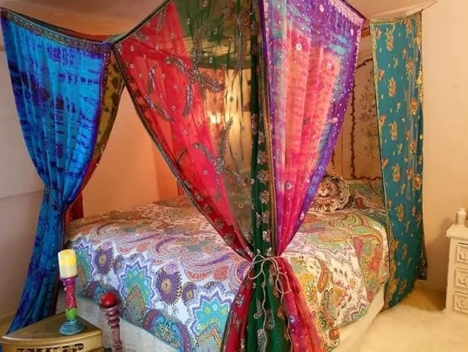 YILLE Bed Canopy Curtains Indian Silk Sari Saree Boho Curtains Bohemian Decor Bohemian Wedding Backdrop (Multi 1, King)