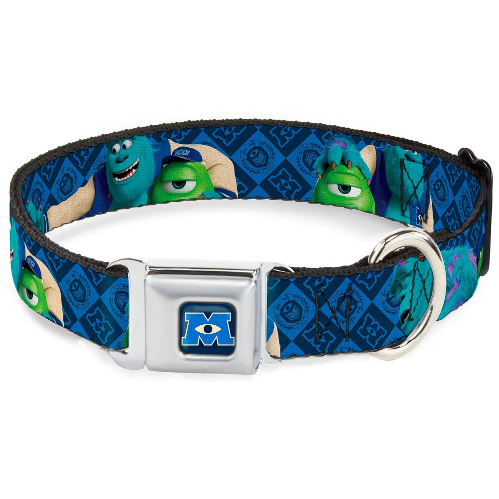 Buckle-Down Seatbelt Buckle Dog Collar - Monsters University Sulley & Mike Poses/Checkers Blue - 1.5" Wide - Fits 18-32" Neck - Large