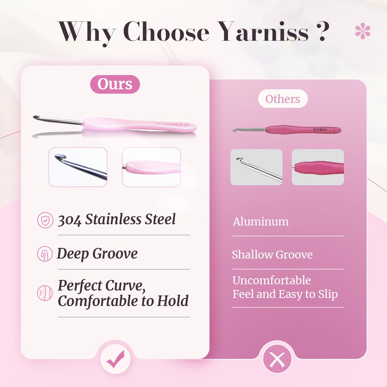 Yarniss Ergonomische Häkelnadel, 3,0–6,0 mm, handpoliert, weicher Griff, ideal für Anfänger und erfahrene Enthusiasten