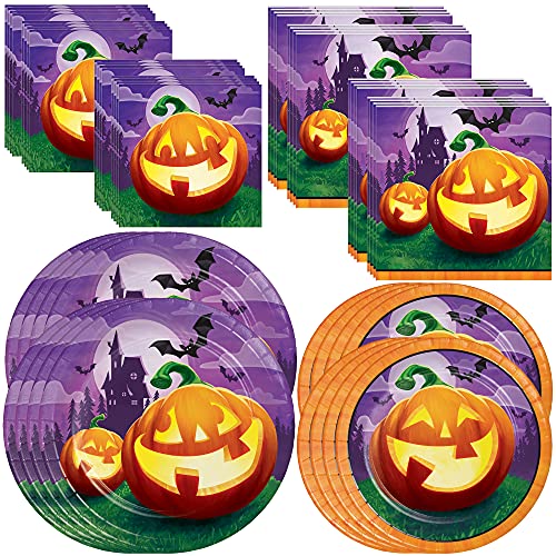 Creative Converting Grinning Pumpkins Vajilla Party Bundle | Platos de cena y postre, servilletas de almuerzo y bebida | Halloween calabaza embrujada casa murciélagos niños escuela carnaval
