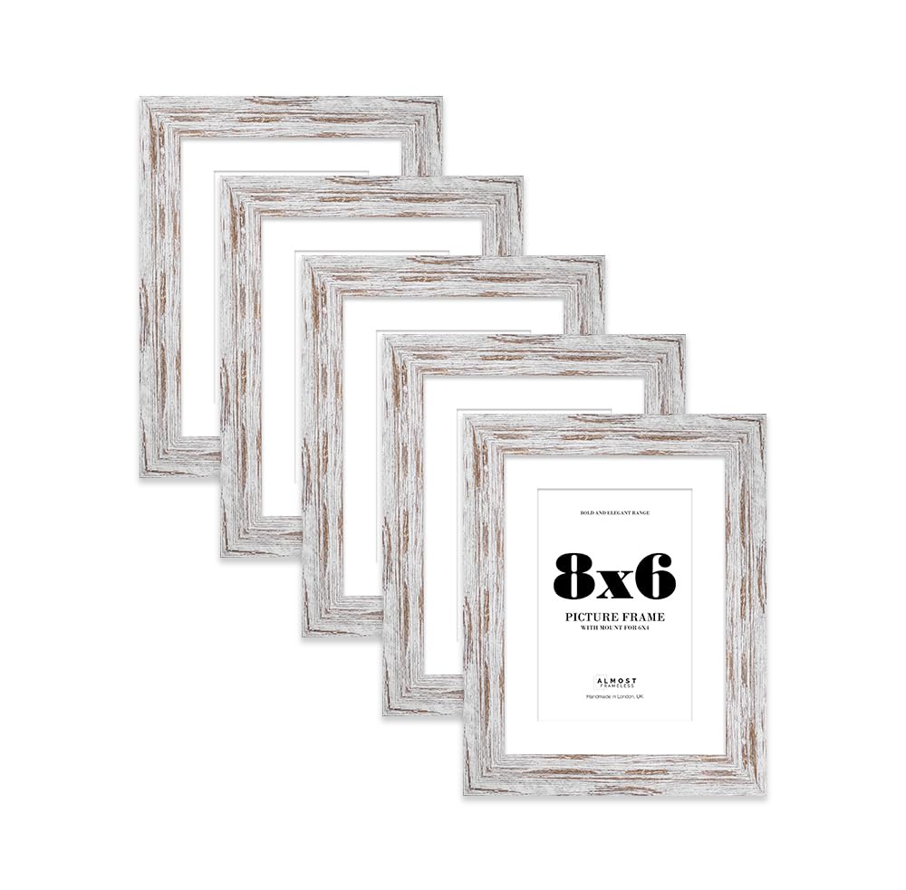 8x6 Distressed Wood Frame With Mount for 6x4 Pictures 28mm Edge Portrait and Landscape Display with Wall Hooks and Kickstand, 5 Pack