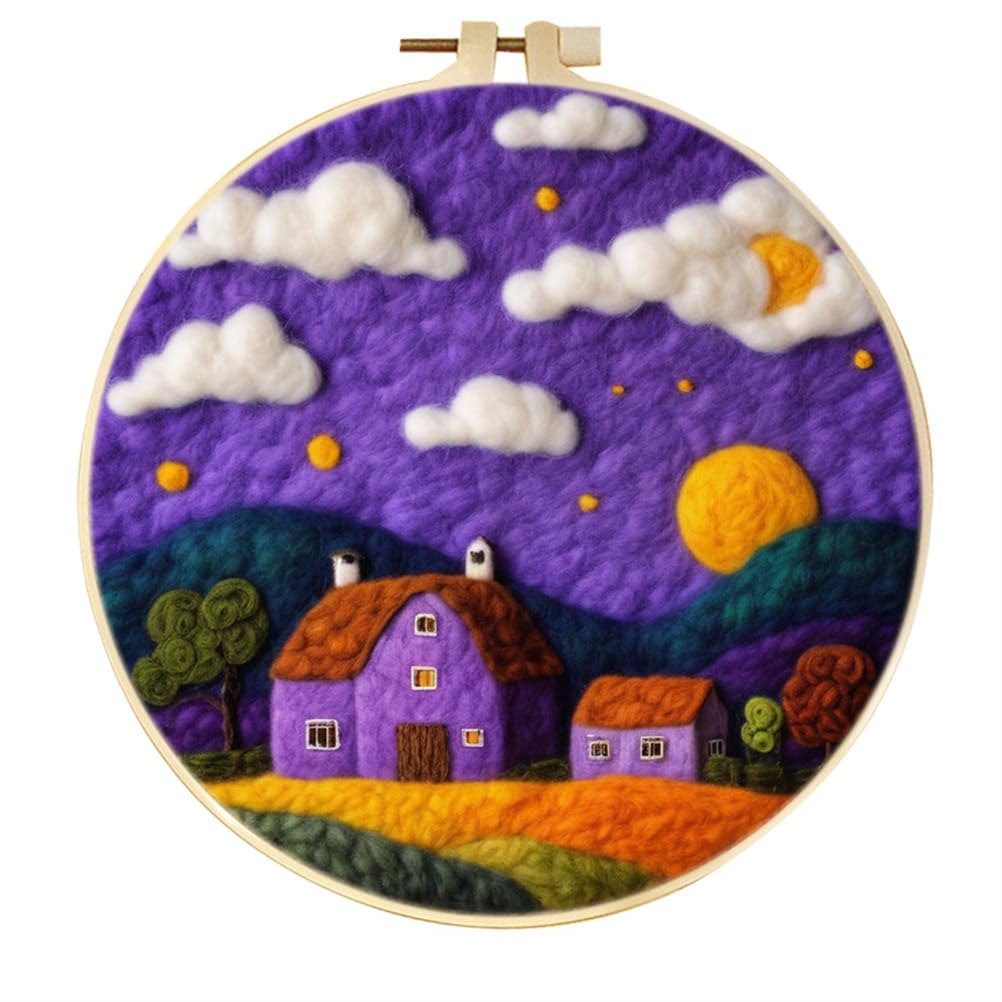 Meecaa DIY Needle Felting Kit for Beginners ,House Landscape Including Wool Felt Supplies, Embroidery Hoops,Beautiful Wool Painting and Needle Felting Tools (Rural)