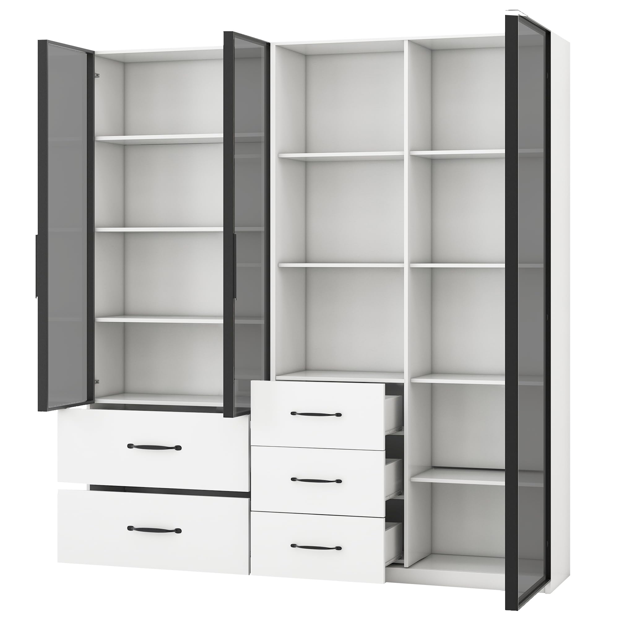 Vetrina in vetro 140 x 40 x 160 cm, armadio alto, libreria e armadio multifunzione con scomparti in vetro e aperti, cerniere a chiusura delicata, vetrina LED multicolore