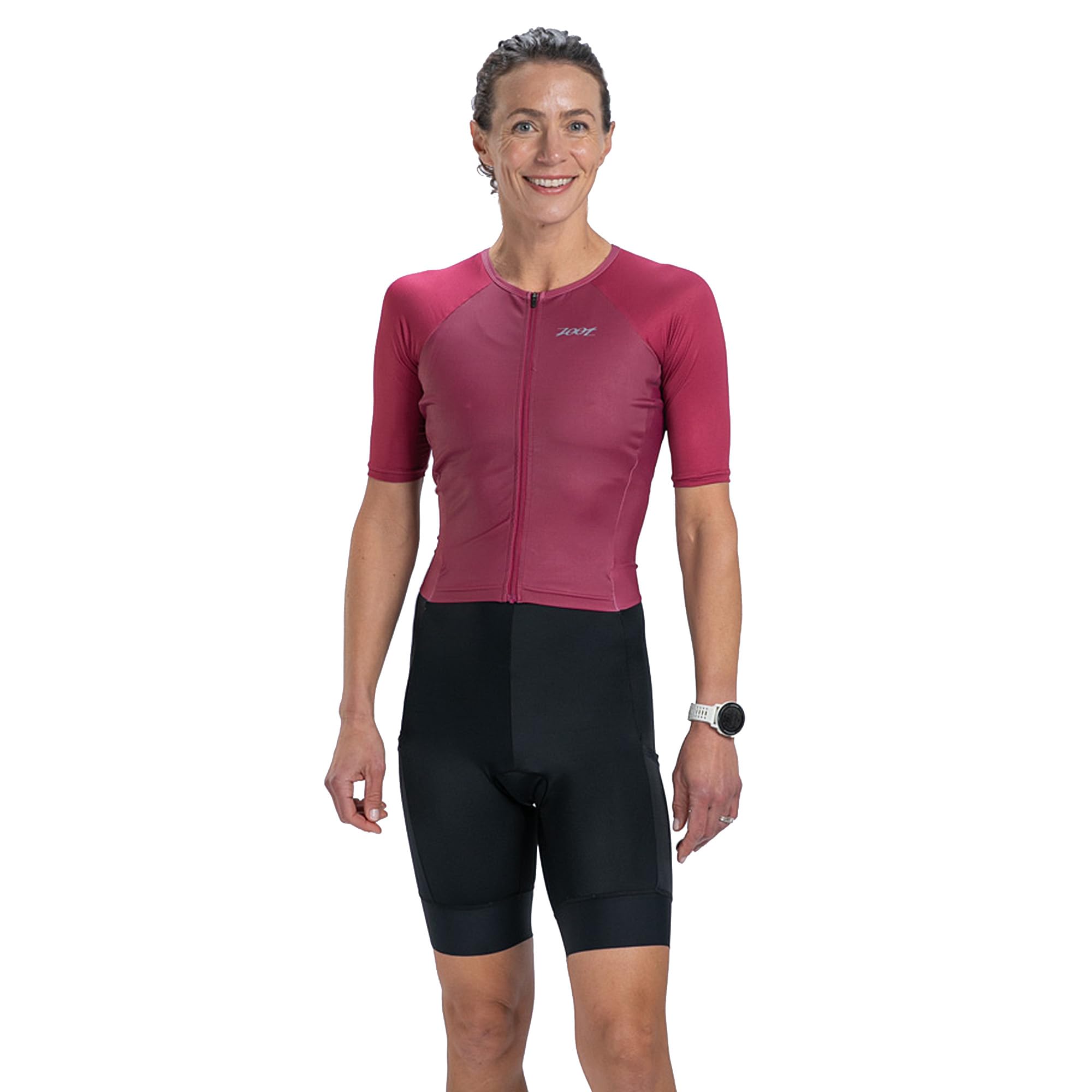 Zoot Damen Core Tri Aero FZ Racesuit kurzärmelig Triathlon-Anzug Plüsch-Chamois Race Day Storage