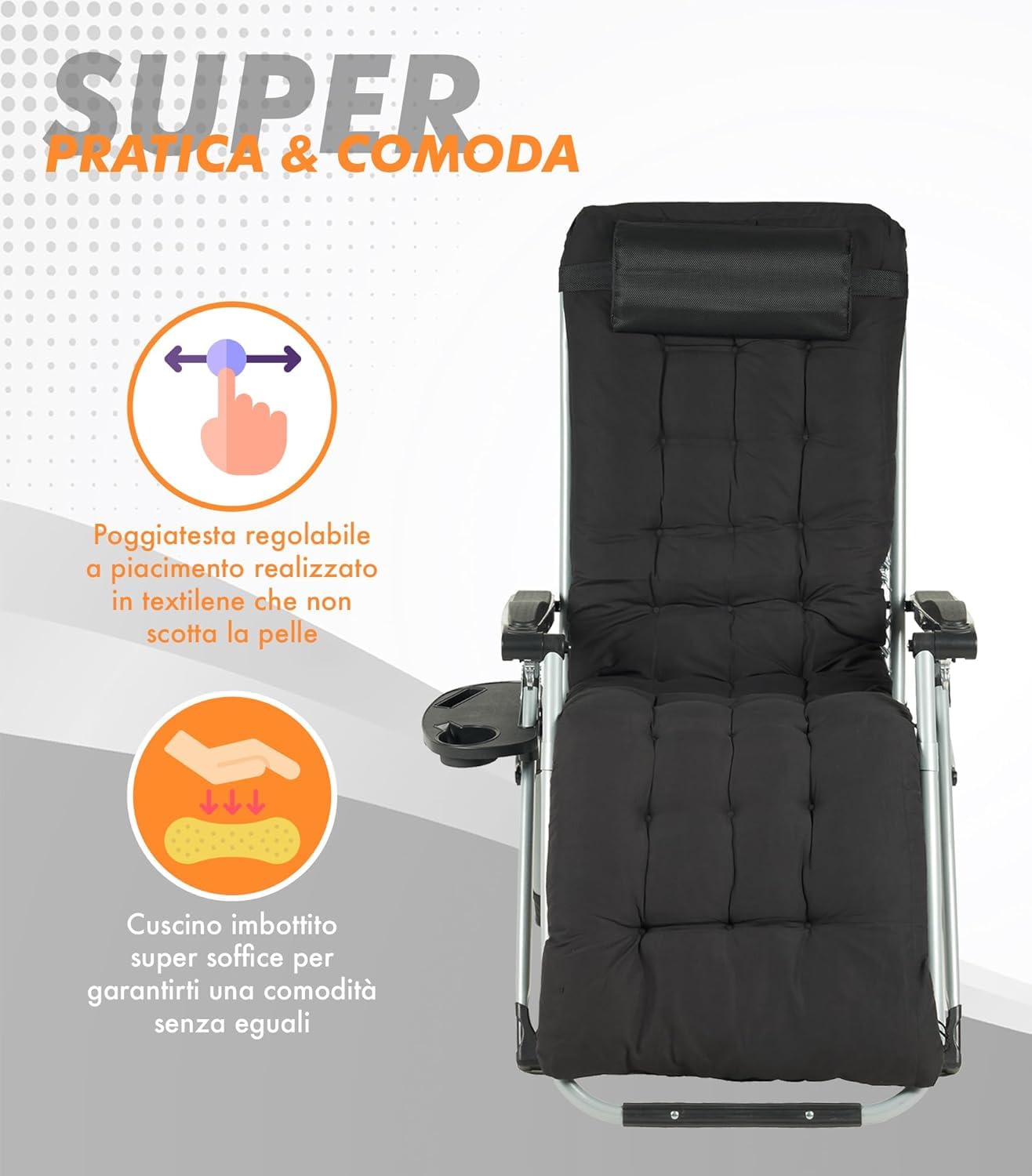 IlGruppone Sedia Sdraio 0 gravità Reclinabile Giardino Poltrona Pieghevole Relax Prendisole Lettino Cuscino Imbottito Portabicchiere Patio Campeggio Spiaggia con Poggiatesta Regolabile - Nera