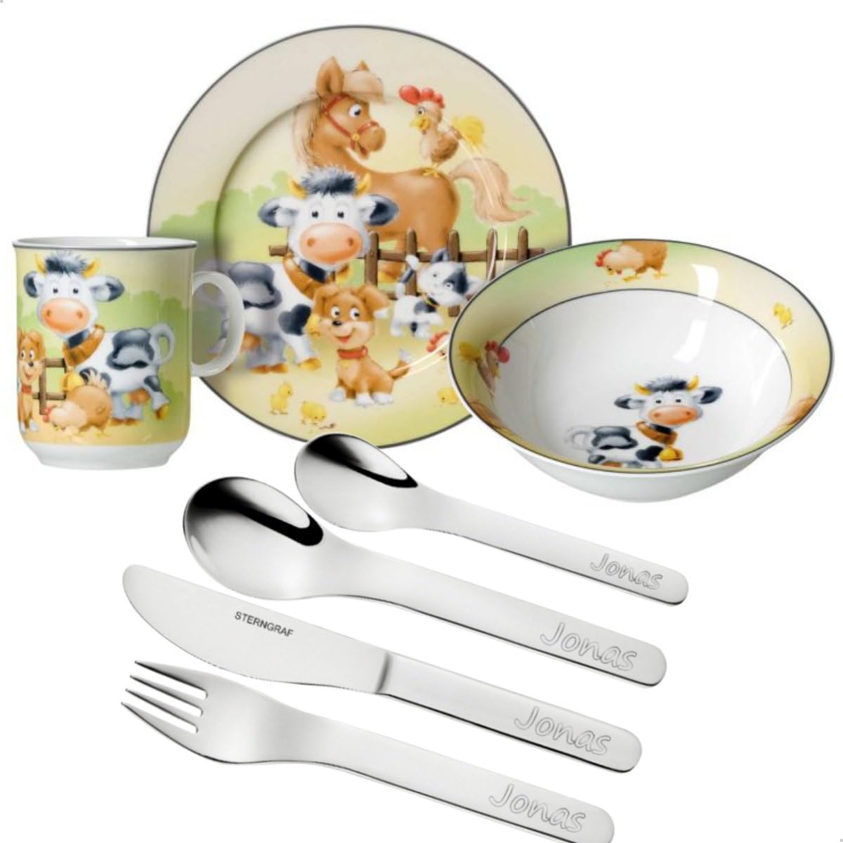 Kinderset Bauernhof-Tiere 7tlg. mit Gravur (z.B. Namen) Puresigns Kinderbesteck mit Namensgravur + Kindergeschirr Bauernhof (Teller Becher Schale)