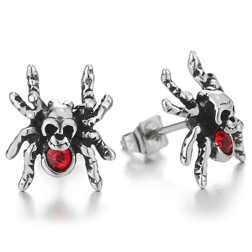 iMECTALII Mens Womens Steel Vintage Spider Skull Stud Earrings with Red Cubic Zirconia, Gothic Punk Rock