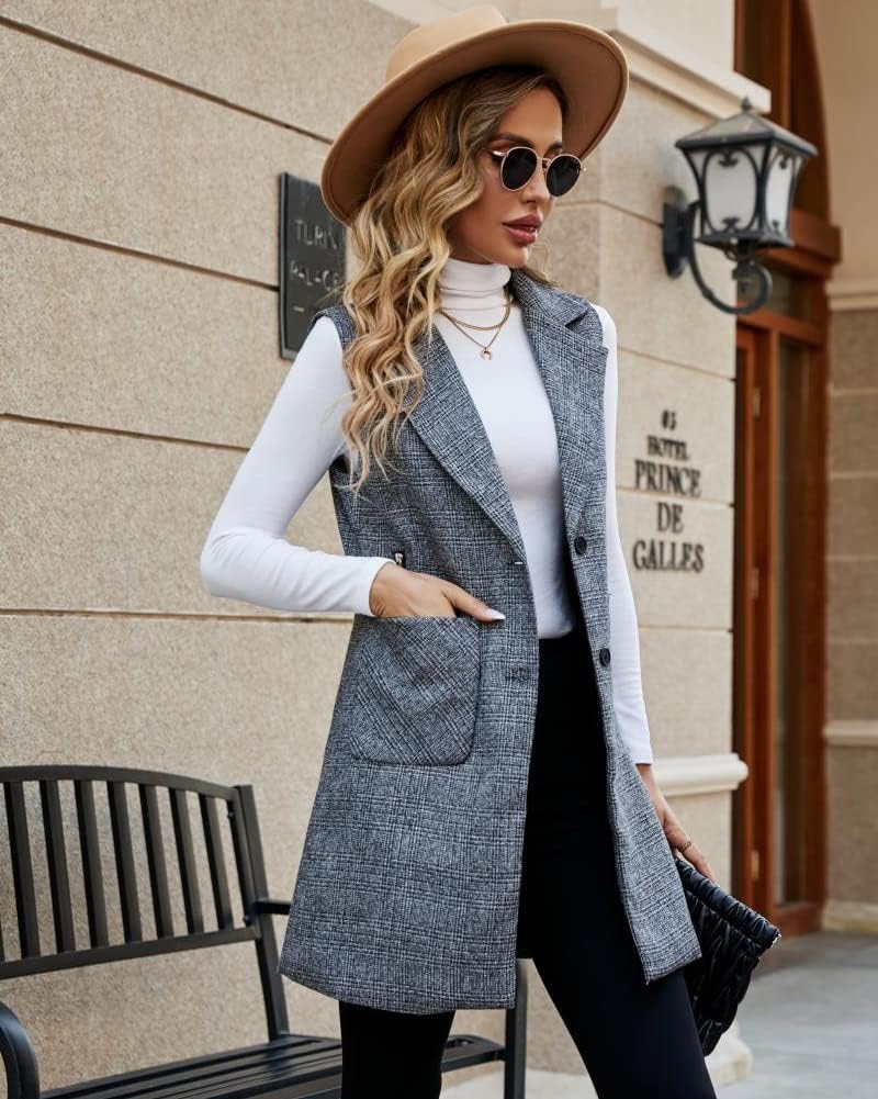 Kedera Long Vest for Women Sleeveless Tweed Blazer Jacket Sleeveless Pocket Outerwear Longline Trench Coat - Image 6