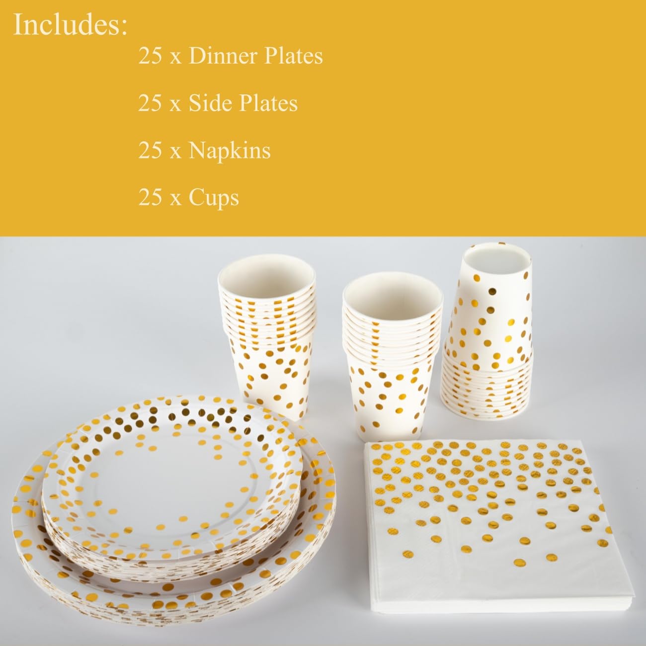 CEILIWEN 100PCS White and Gold Party Tableware Set, White and Gold Polka Dot Party Tableware Includes Plates, Napkins, Cups - Image 3