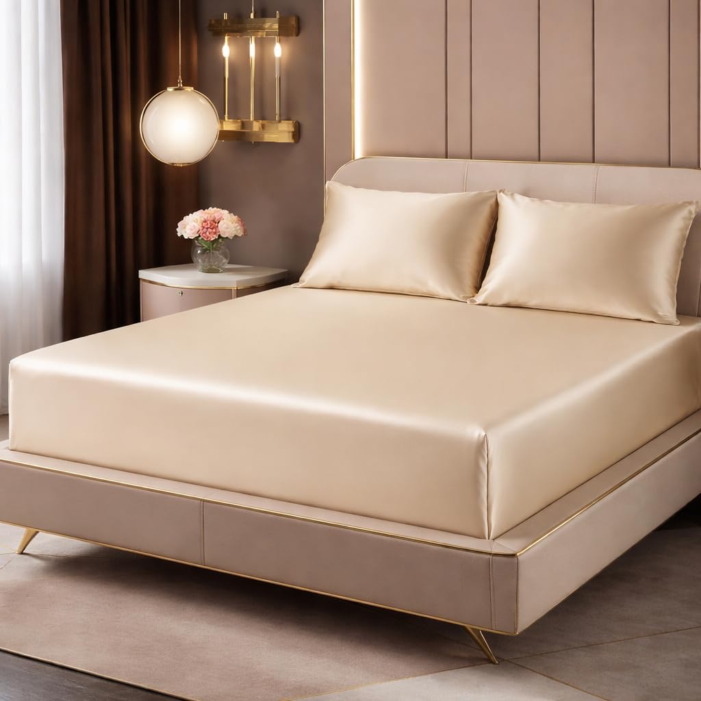 DECORUM Satin Fitted Bedsheet King Size 72x78x10 Inches | 300 TC Soft & Smooth Satin Fabric with 2 Pillow Covers | All Round Elastic | Premium Feel | Solid Color Bedsheet-picture-11