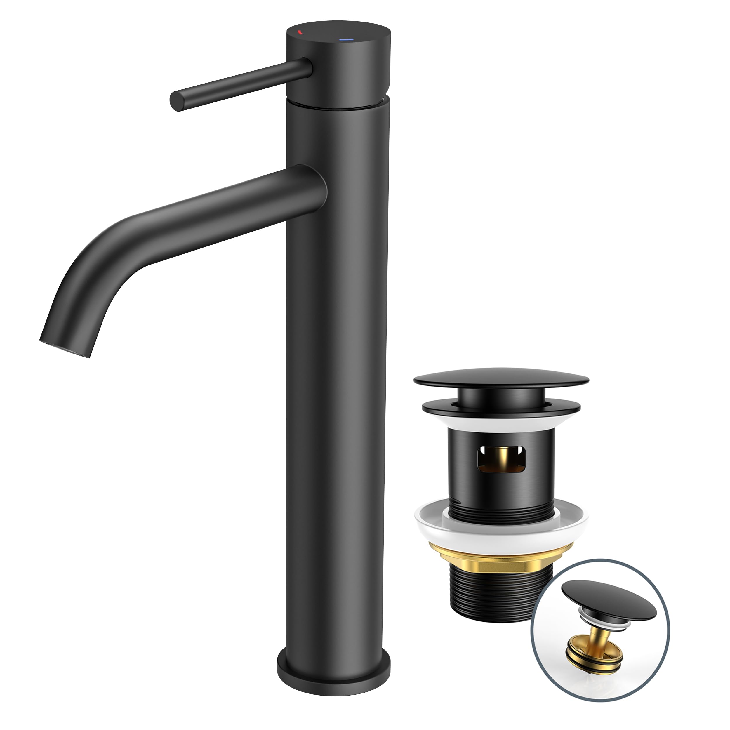 FORIOUS Wasserhahn Bad mit Ablaufgarnitur, Waschtischarmatur Hoch Waschbecken Armaturen in Schwarz mit Auslaufhöhe 190 MM High,Einhebelmischer Mischbatterie für Waschbecken Waschtisch Badezimmer