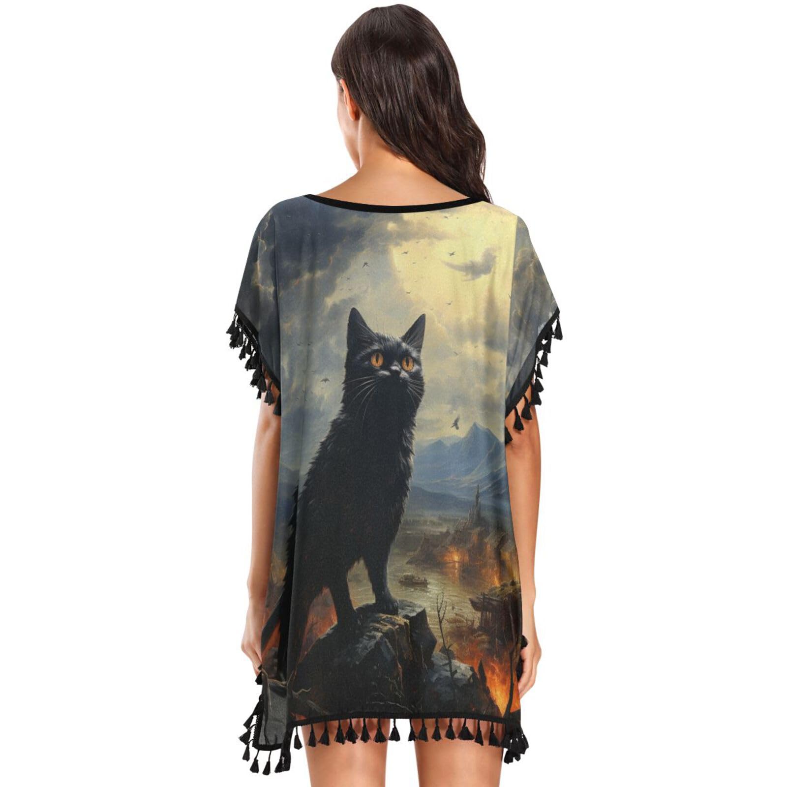Oil Paintings Angry Cat Moon Women's Beach Cover Up Chiffon Tassel Swimwear Swimsuit Coverups for Girl