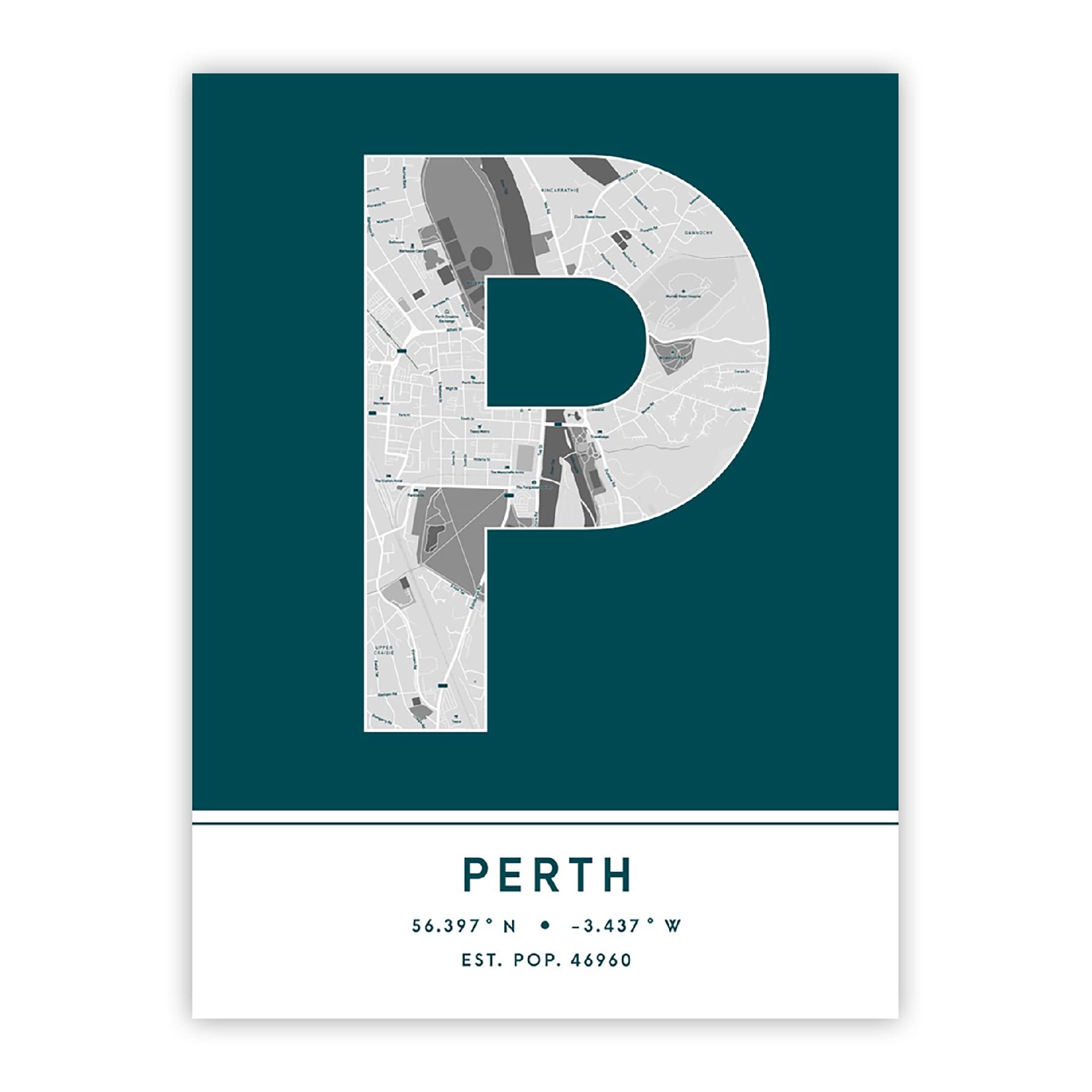 Wee Blue Coo Perth Scotland UK City Map Teal Colour Block Modern Typography Stylish Letter Unframed Word Wall Art Print Poster for Home Décor CITYMAP1