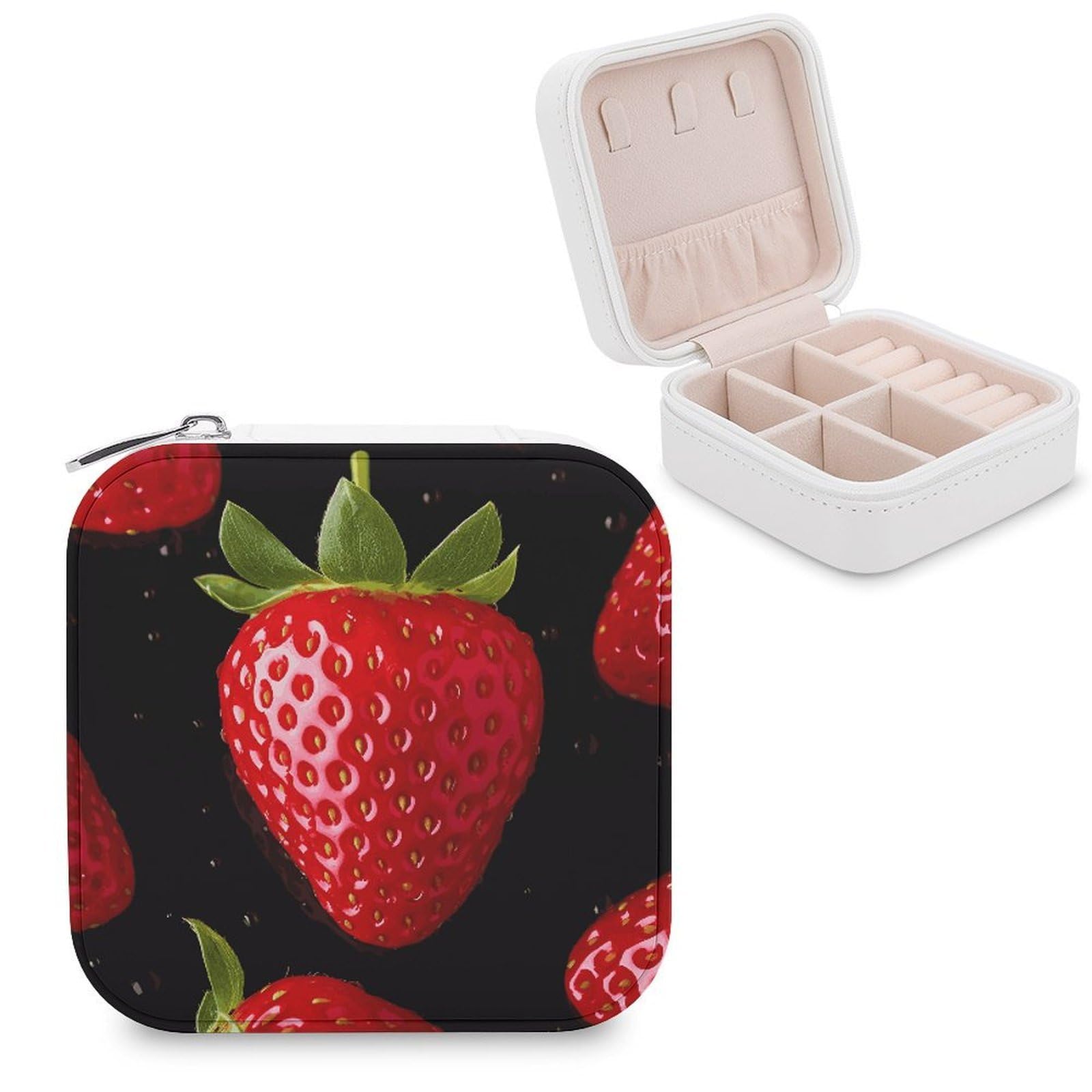 MUSM Strawberry Travel Jewelry Case Personalized PU Leather Jewelry Boxes for Women Small Portable Jewelry Organizer Box Cute Trinket Box for Necklaces Rings Earrings & Gifts