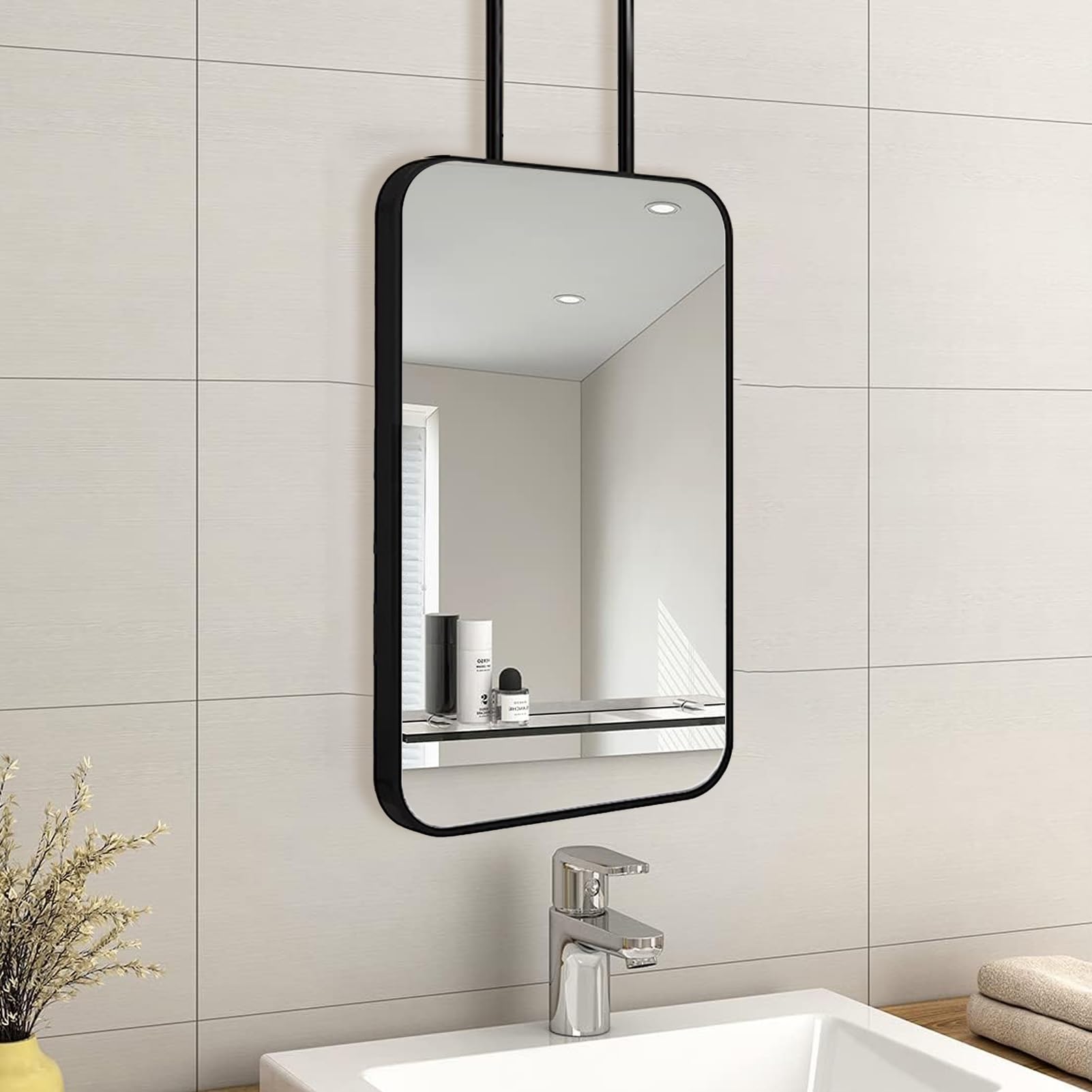 WJFTODAY Black Metal Framed Ceiling Hanging Bathroom Mirror - Decorative Wall Vanity Mirror for Living Room & Bedroom, Double Design, 40x70cm, Stylish Home Decor