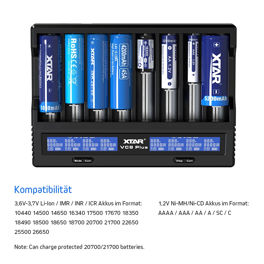 XTAR VC8 Plus - Cargador de batería y procesador 18650 para 8 baterías de iones de litio y NiMH, cargador de la UE y pantalla LCD