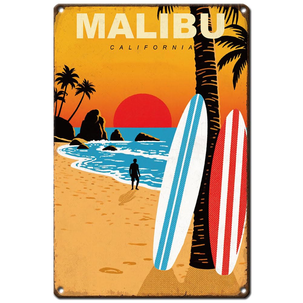 Hobbspring Pubs Metal Tin Sign Surfboard Coco Sunset Tin Sign Decor for Garden Kitchen Balcony Funny Iron Wall Art Decoration Enjoy Beach Surfing MALIBU 20 * 30cm/8 * 12in