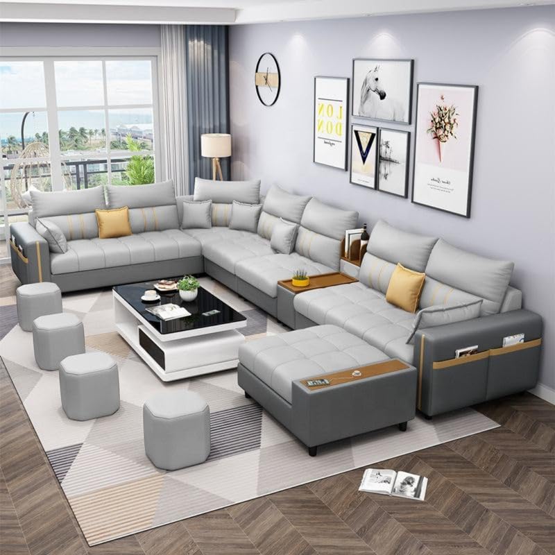 Image of Homax Rebecca Modular Smart Sofa 12 Seater U Shape - High Back Interchangeable Sectional with Pop-Up USB Charging, Smart Console, Storage, Side Pockets, Modern Living Room Furniture - Light&Dark Grey