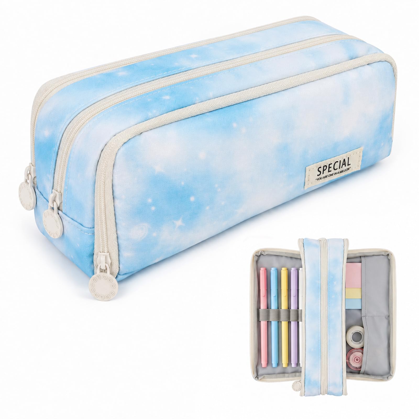 Minicoco Pencil Case Large Capacity 3 Compartment (Blue)