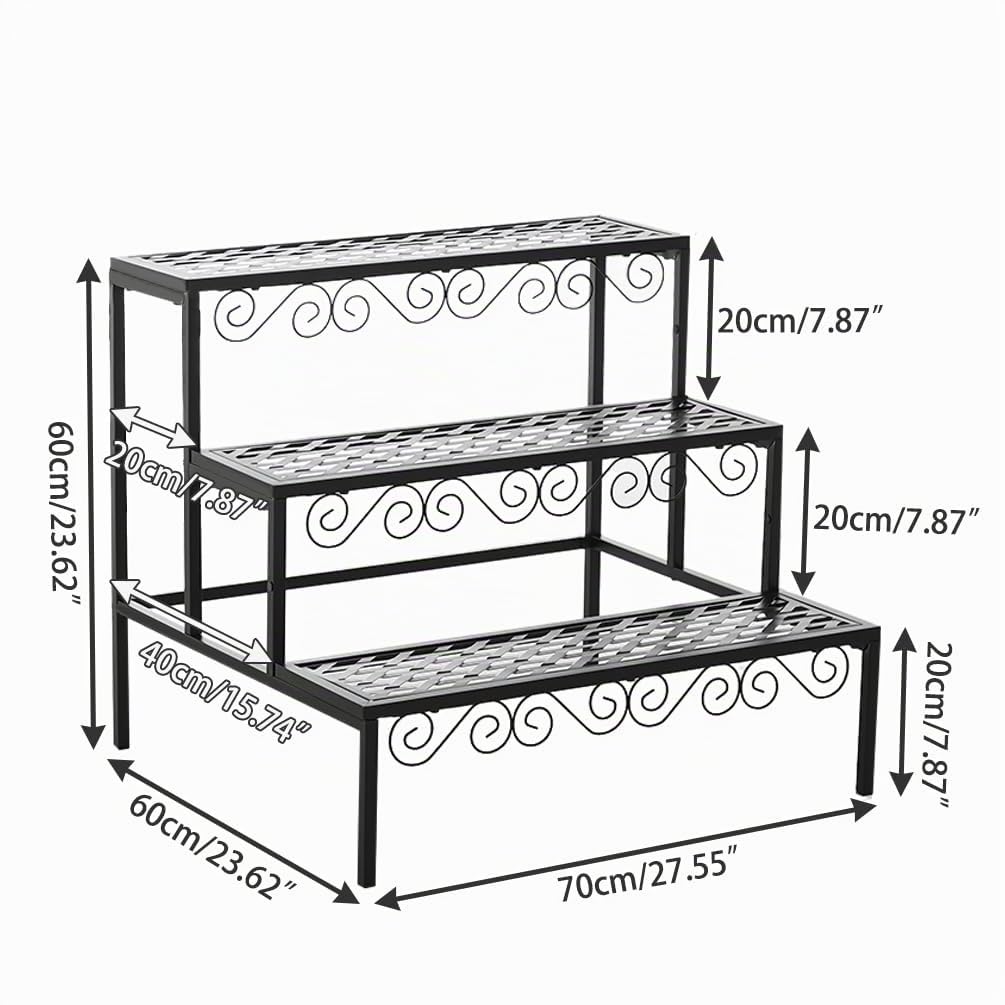 BAOYOUNI 3 Etagen Blumentreppe Blumenregal aus Metall Rechteckiges Pflanzenständer Pflanzenregal Blumentopfständer für Garten, Balkon, Terrasse, Indoor und Outdoor, Schwarz
