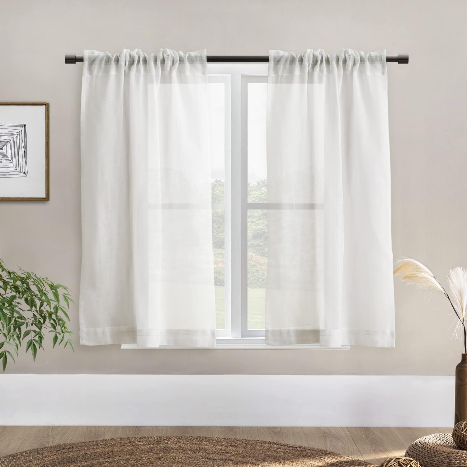 SHINELAND White Short Linen Sheer Curtains 48 Inch Length for Bedroom 2 Panels Rod