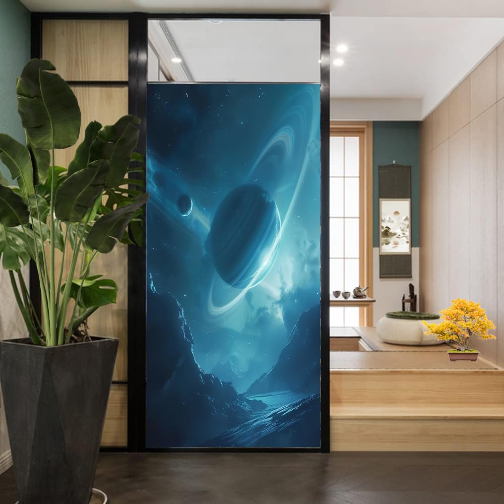 Retro Space Sichtschutzfolie für Fenster, statisch haftend, rustikale Planeten, Landschaft, Milchglas, Wärmeregulierung, Abdeckungen für Badezimmer, Wohnzimmer, 90 x 160 cm