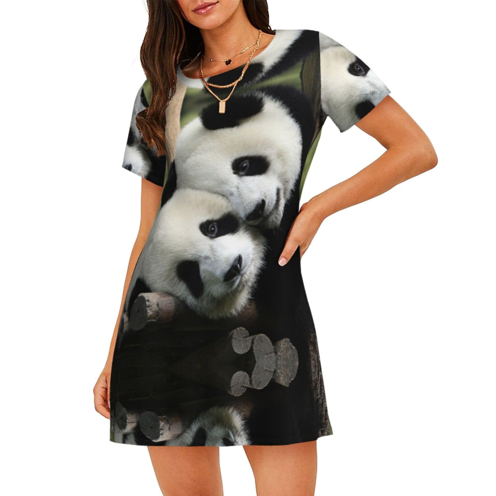 ALLiYa Lovely Pandas Women'S Short-Sleeved Nightdress Summer Family Casual Essentials Dress Home Clothes Black