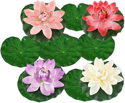 Juego de 9 flores de loto flotantes de 7 pulgadas y almohadillas de lirio, almohadillas de lirio, almohadillas de lirio de agua, estanque de peces,