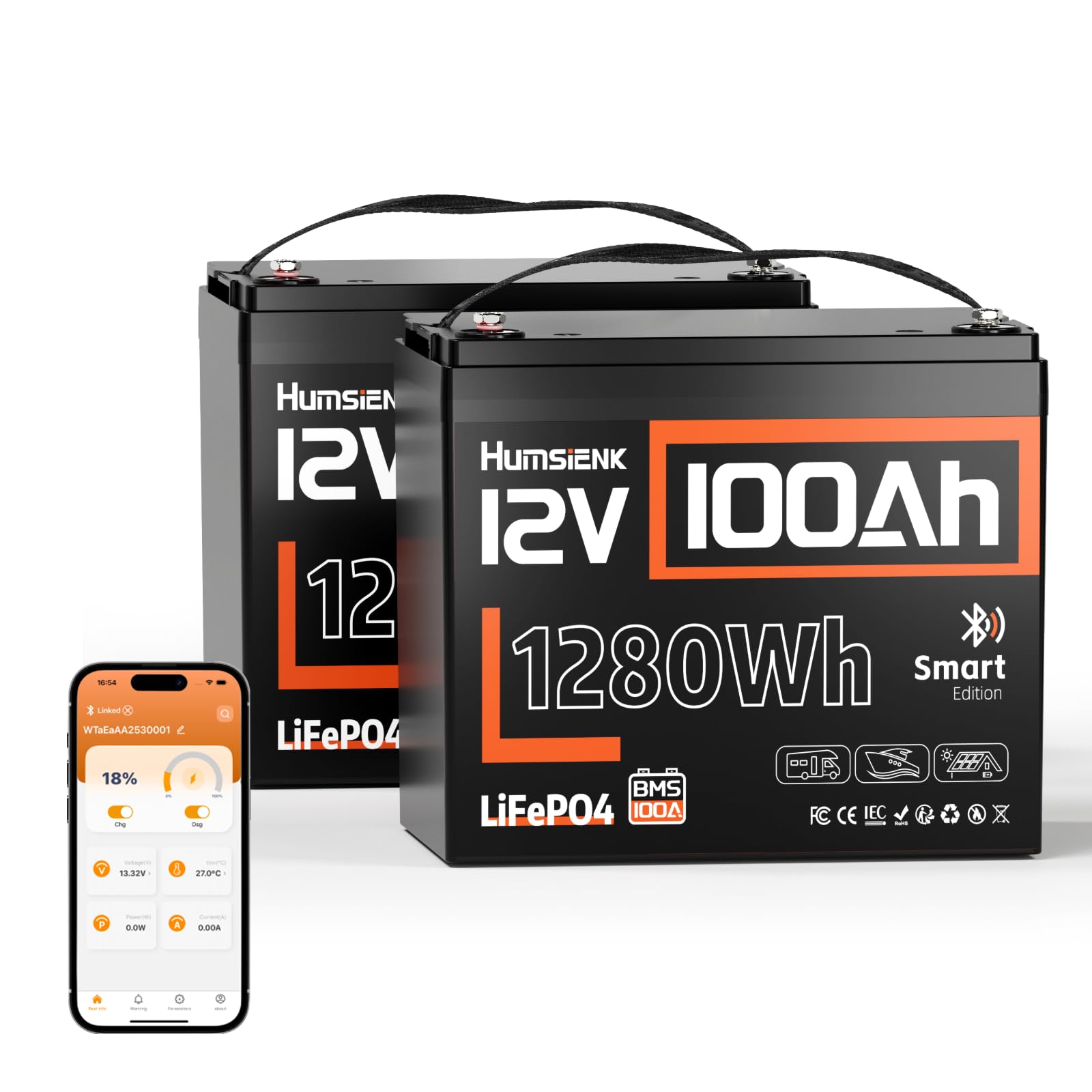 Batteria al Litio 12V 100Ah con Bluetooth HumsiENK LiFePO4 2-Pack | BMS 100A, 15000 Cicli, Group 24, IP67 per Camper, Barca e Solare