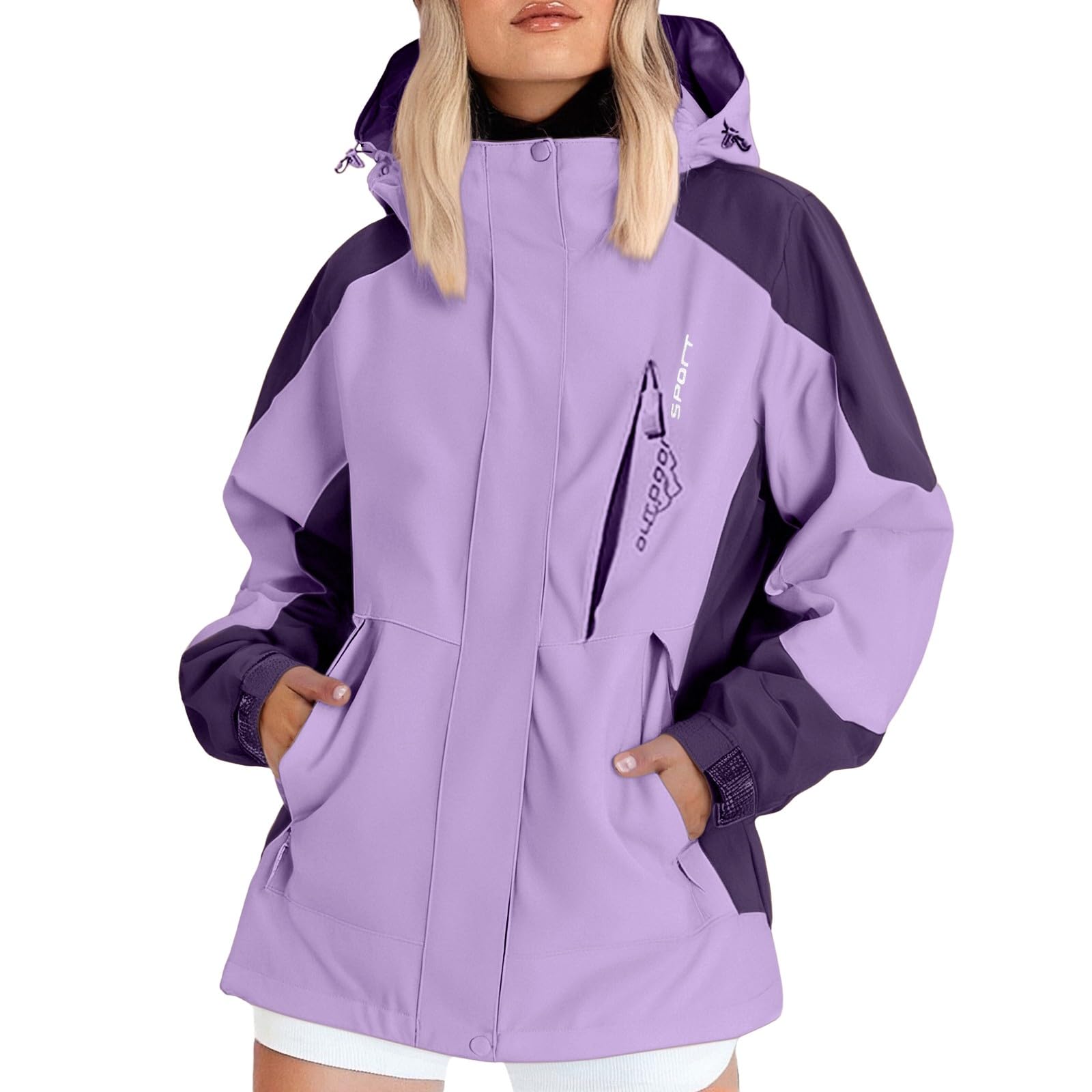 Bukknye Women's B-Purple Festival Raincoat Lightweight Rain Jackets Hooded Breathable Packable Running Raincoats Active Trench Windbreaker With Hideaway Hood For Cycling Hiking
