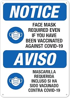 Notice Face Mask Required Bilingual Sign, Covid Vaccine Safety for Indoor Outdoor Use, Metal Sign 8x12 Inch