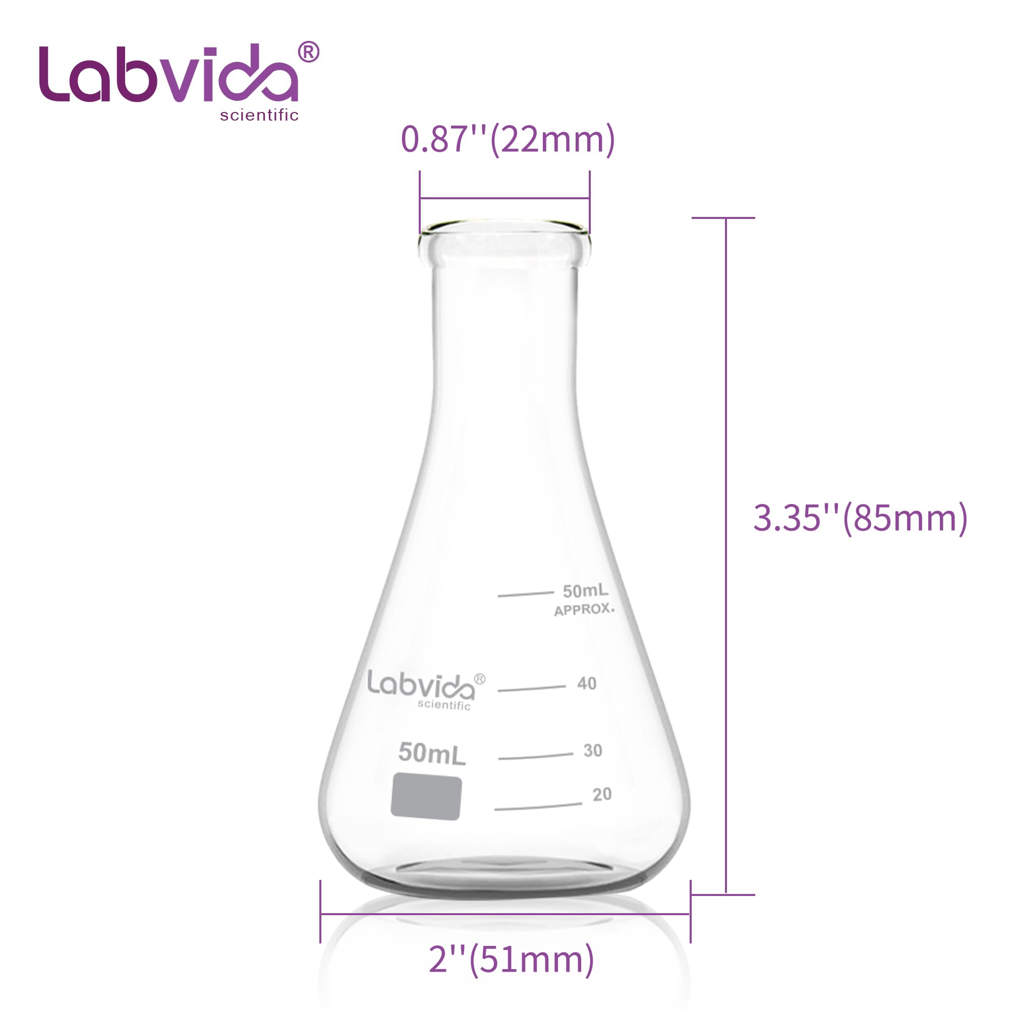 LVC001 - Lote de 4 frascos de cristal de boca estrecha Erlenmeyer, vol.50 ml, 3.3 Borocilicate con graduación impresa, 4 unidades