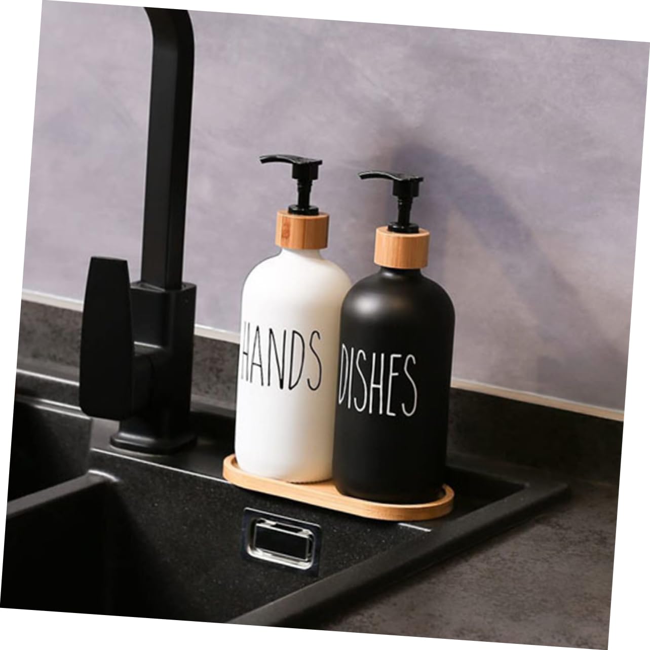 Dispensador de Jabón Líquido de Vidrio con Bomba, 1 Juego | Bandeja de Madera Incluida, para Lavabo y Ducha, Recargable Diseño de Presión