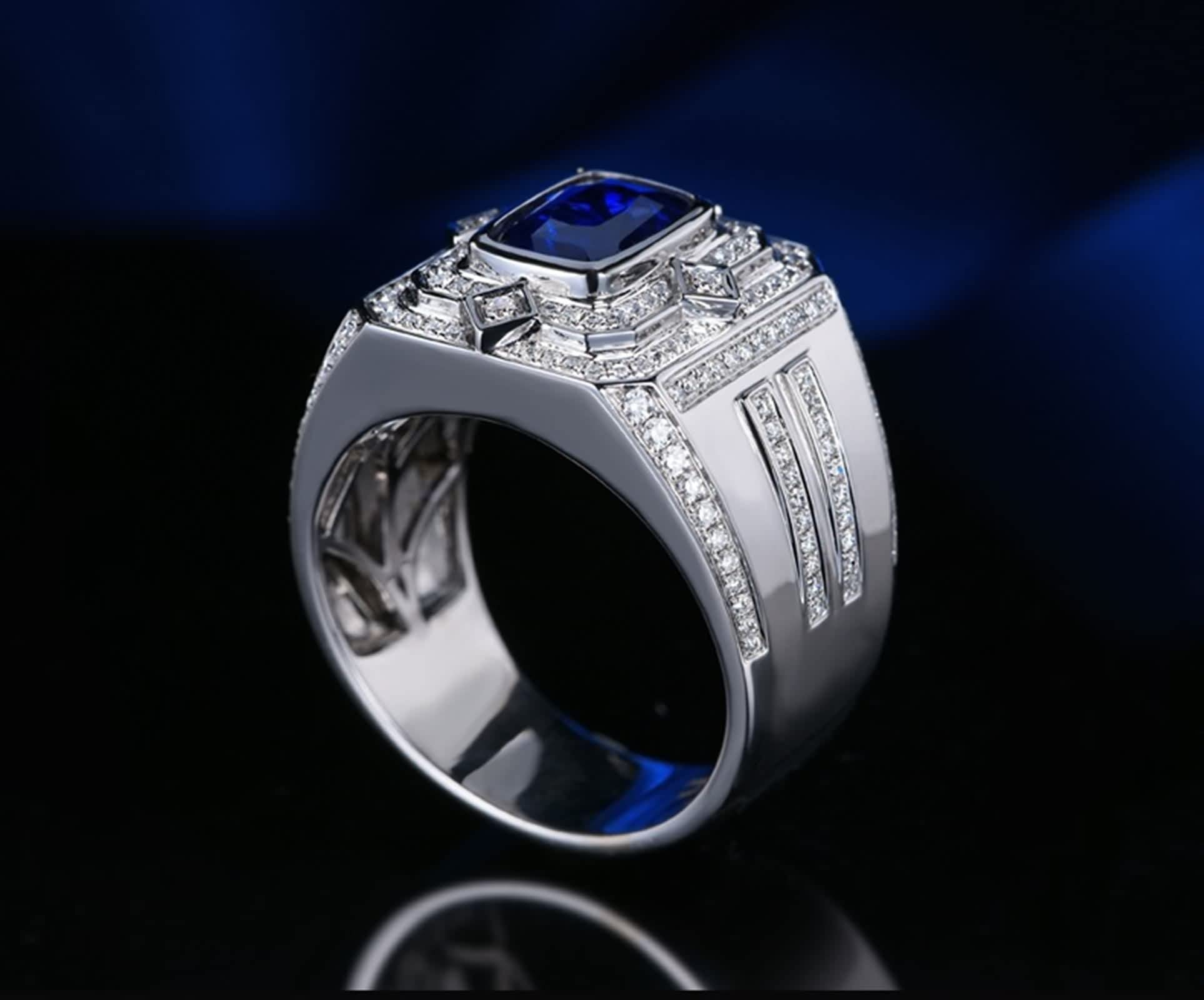 Anillo Zafiro Y Plata, Anillo Vintage Azul Oro Blanco 18K Azul Forma Rectangular Diamante Blanco para Esposo con Joyero