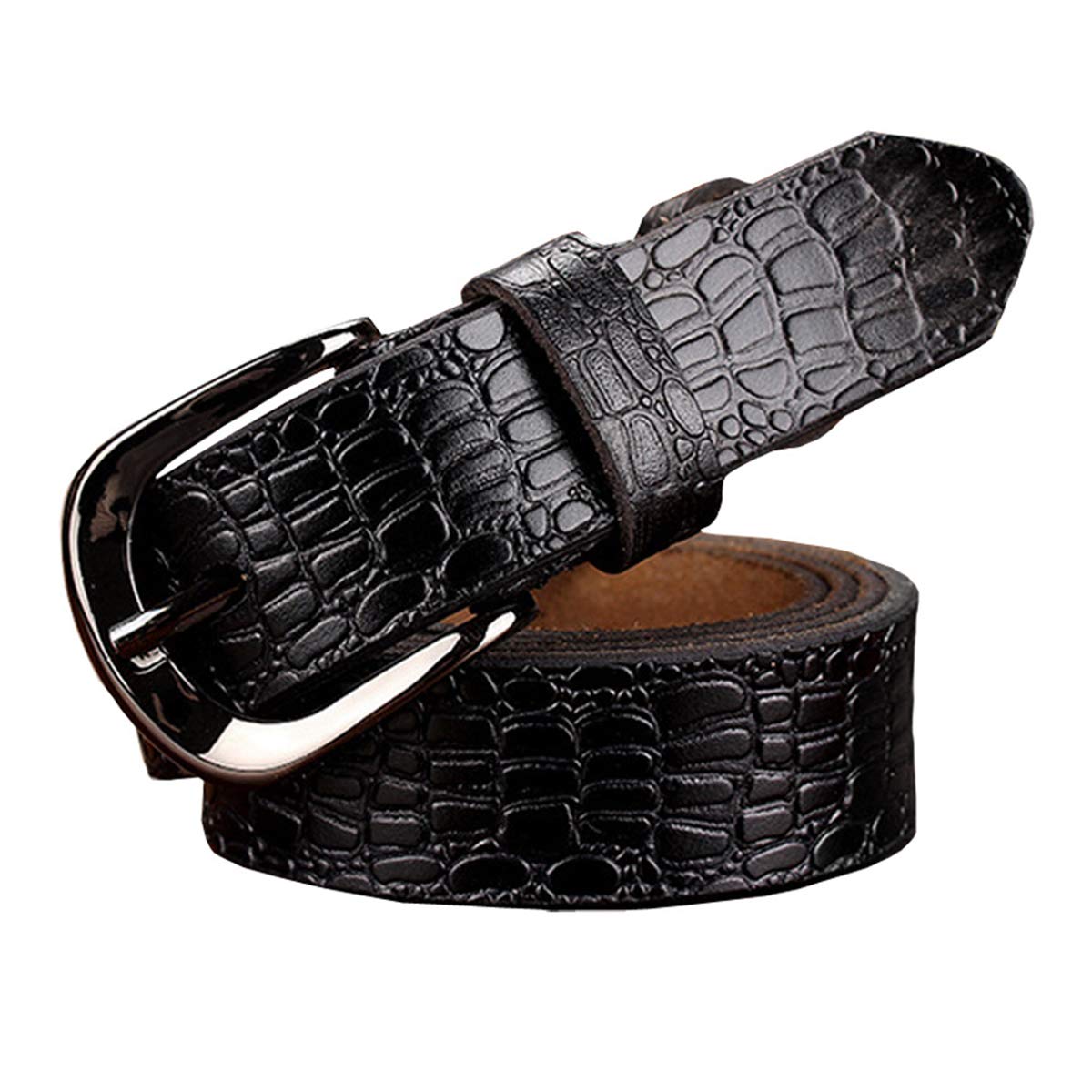 Genuine Leather Belts for Women Crocodile Design Pin Buckle Belt Women Cow Skin Waist Strap Width 2.8 cm Black 115cm