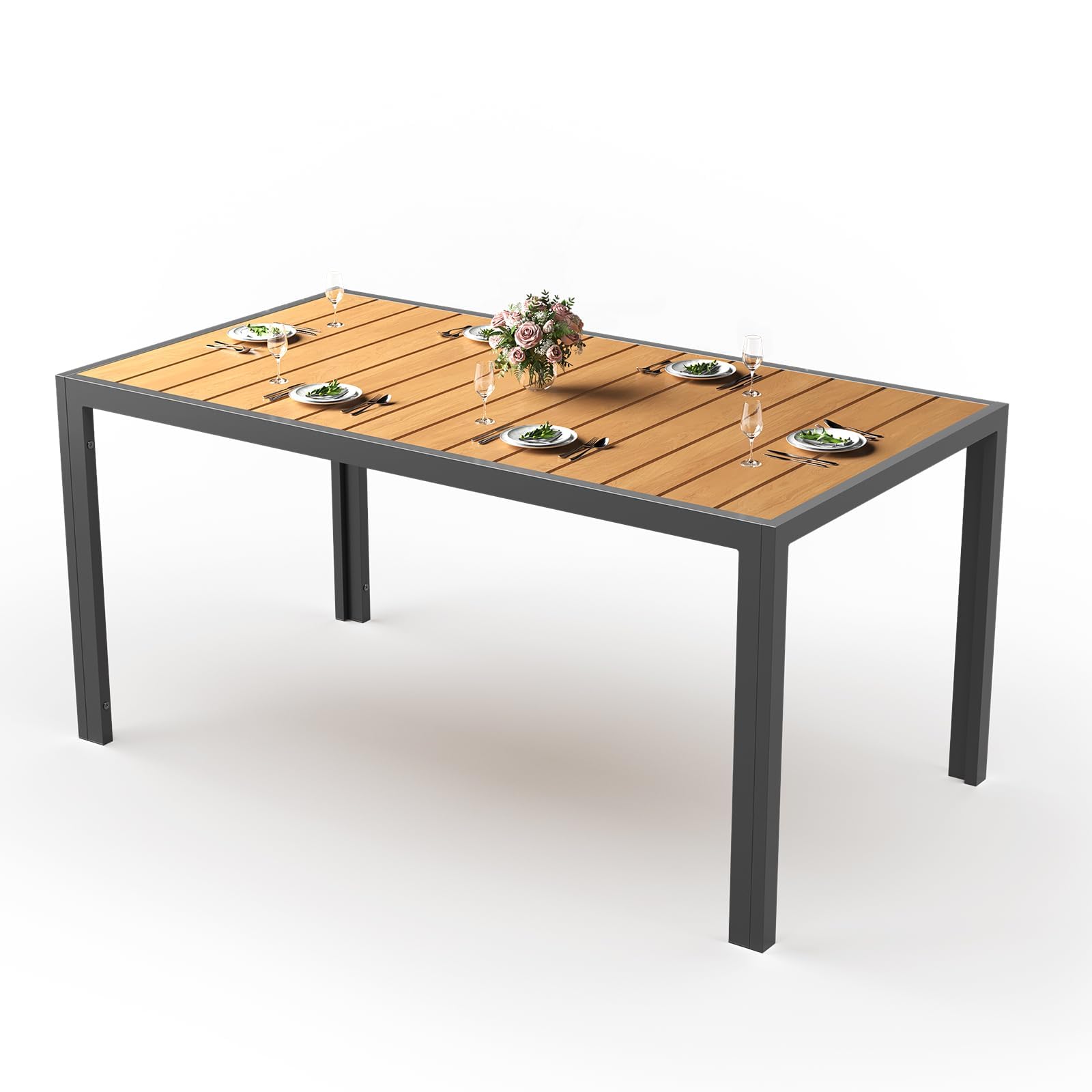 JUMMICO HDPS Wood Grain Garden Dining Table, Heavy Duty Weatherproof Aluminium Outdoor Table, Easy Maintenance, Seats 4-6 People, for Patio, Garden - Teak 150x80x72cm