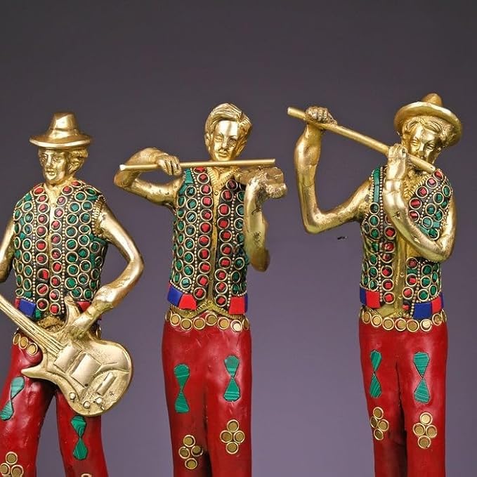 Joyful - Set musicale in ottone con lavorazione in pietra, collezione di idoli musicisti, 5 pezzi, regalo di nozze, set musicista in ottone, 28 cm, set di musicisti tribali