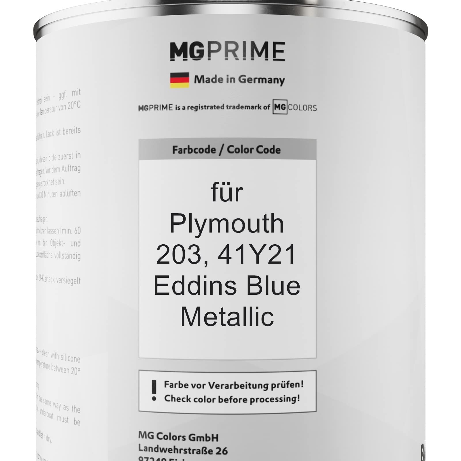 MG PRIME Lakier samochodowy Zestaw puszek dla Plymouth 203 / 41Y21 Eddins Blue Metallic Lakier bazowy 2K Utwardzacz do lakieru bezbarwnego gotowy do natrysku 2,5L