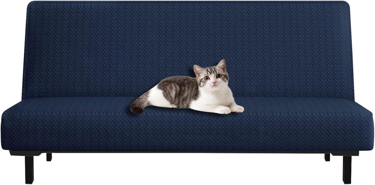 Armless Sofa Cover Full Size Scratch-Resistant Futon Covers Full Size Pet Proof Sofa Bed Slipcovers Washable for Living Room Navy Blue