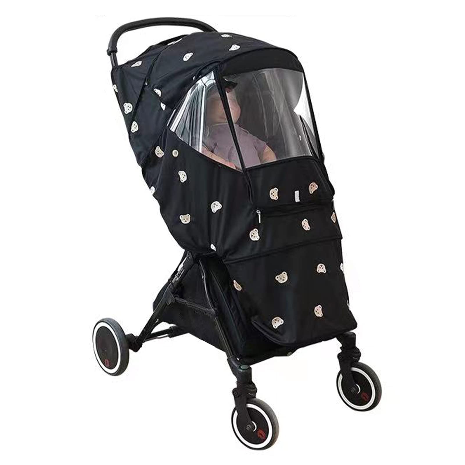 Winddichter Kinderwagen-Regenschutz, Niedliches Bärenmuster, Wasserdicht für Reisen, Outdoor-Aktivitäten, Oxford-Stoff (BLACK)