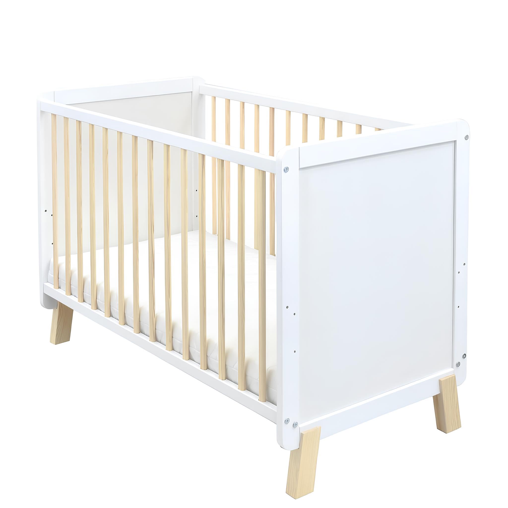 Generisch Baby Delux Babybett 60x120 Kinderbett umbaubar zum Juniorbett weiß höhenverstellbar mit Schlupfsprossen (Lou weiß Kiefer)