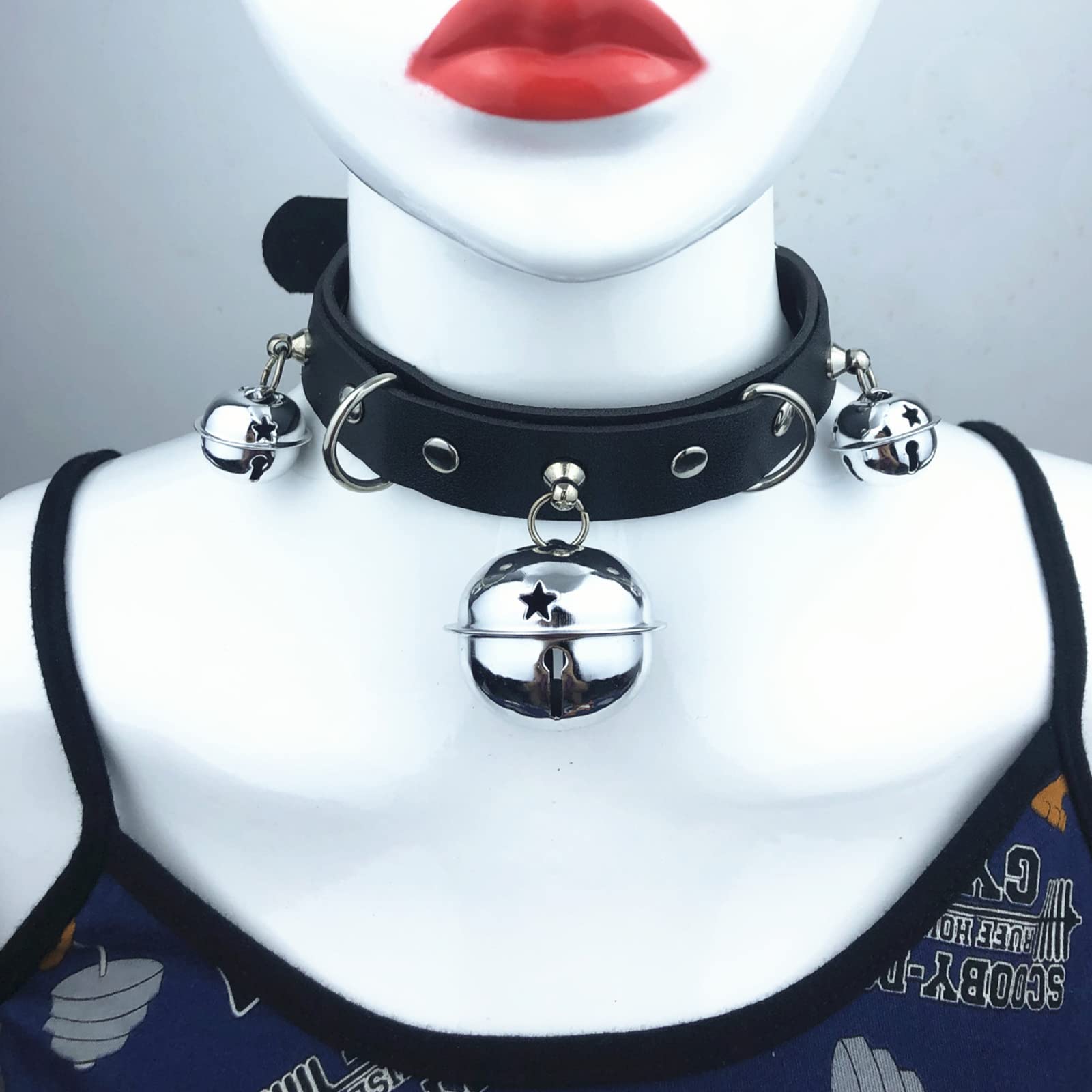 Gargantilla Gótica SM Collares de Cuero con 3 Campanas y Anillo en D de Metal Collar Gótico Punk Rock Collar Ajustable BDSM Juego de Esclavo Erótico Juguete Sexual para Mujeres Parejas