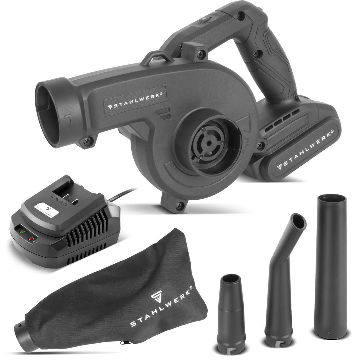 STAHLWERK Soffiatore e aspirapolvere a batteria 2 in 1 MAG-20 ST – 20 V con 2 Ah, soffiatore compatto brushless per giardino, strada, officina e auto, maneggevole mini soffiatore fino a 98 m/s e