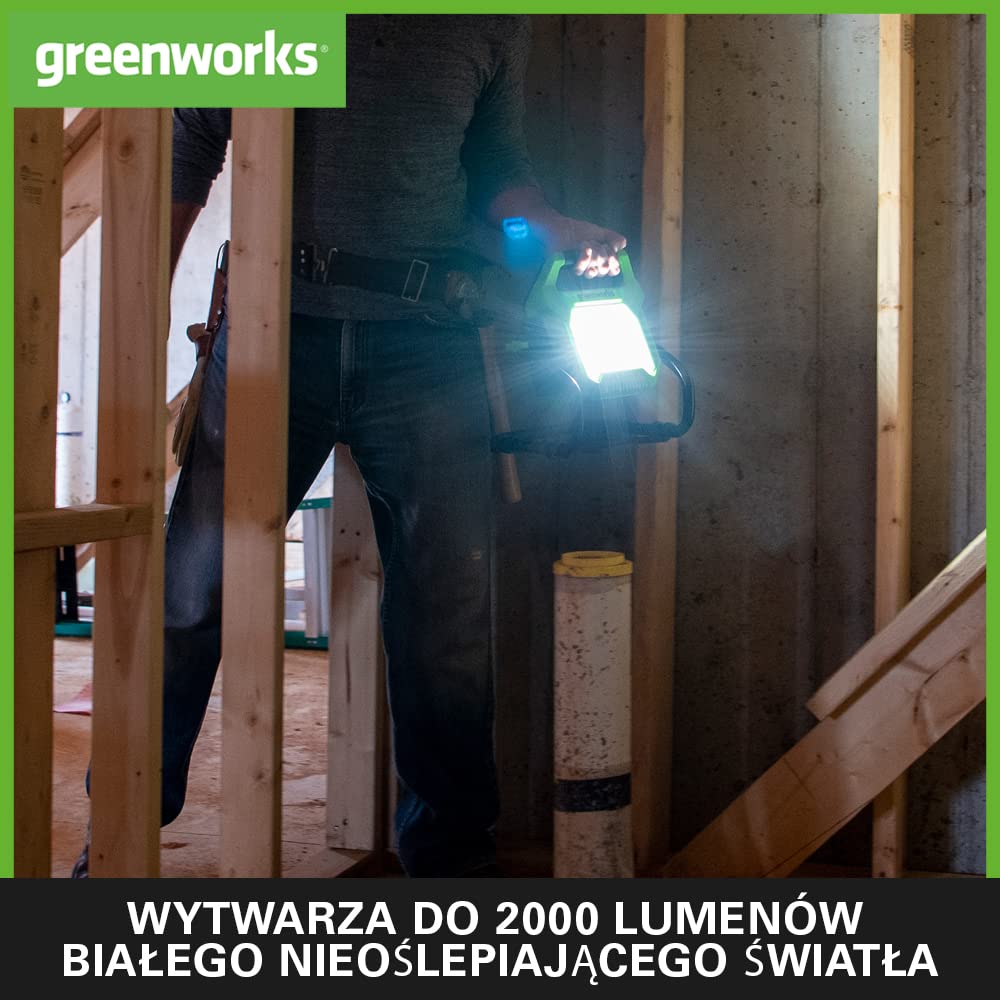 Greenworks G24WL Akumulatorowa Lampa Robocza Hybrydowa AC/DC z Hakiem do Zawieszania, Kabel Zasilający AC lub Przenośna Bateria, 2000 Lumenów, 2 Ustawienia Jasności BEZ Akumulatora 24V i Ładowarki
