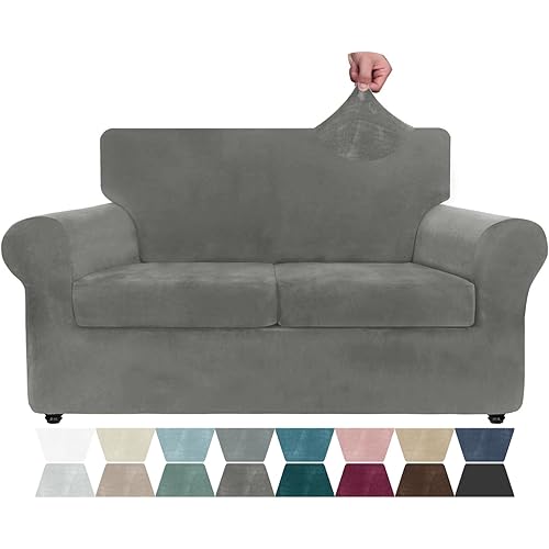 ZNSAYOTX Luxury Velvet Sofa Cover 3 Piece (57"-70") Stretch Loveseat Covers for 2 Cushion Couch Thick Soft Couch Slipcover with Non Slip Strap, Dog Pet Friendly Nice Furniture Protector (Grey)