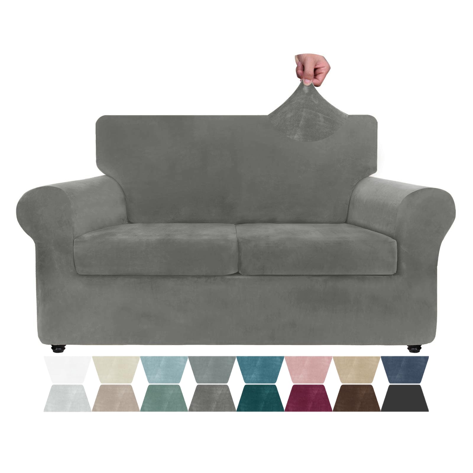 ZNSAYOTX Luxury Velvet Sofa Cover 3 Piece (57"-70") Stretch Loveseat Covers for 2 Cushion Couch Thick Soft Couch Slipcover with Non Slip Strap, Dog Pet Friendly Nice Furniture Protector (Grey)