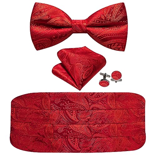 Image of Barry.Wang Men Silk Paisley Cummerbund and Pre-tied Bowtie Handkerchief Cufflink Set for Tuxedo